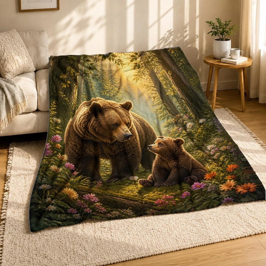 Bear And Cub Forest Coral Fleece Blanket