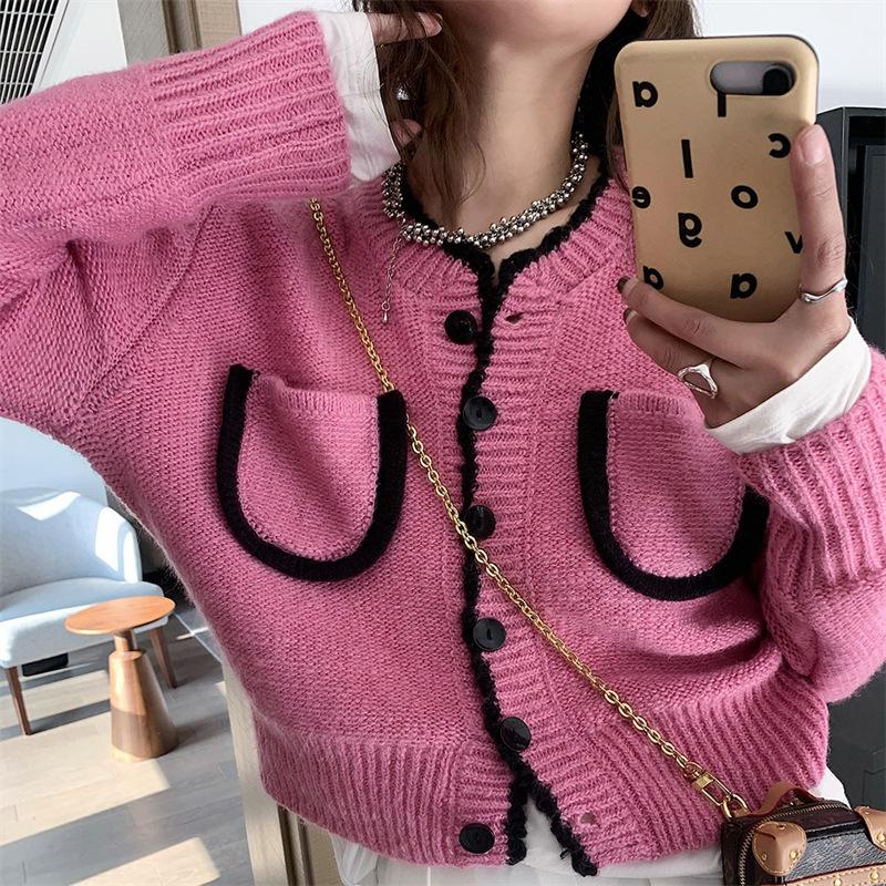 Осенняя корейская версия вязаного кардигана с милым карманом, женственная, простая и универсальная, короткий свитер, женский подобранный по цвету топ пальто