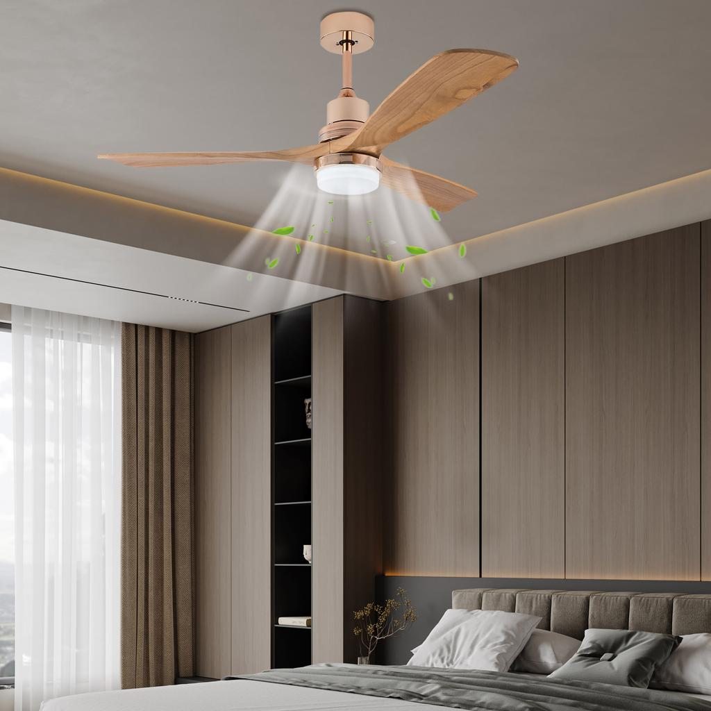 Modern 52 Inch Ceiling Fan with Light Remote Control 6 Speed 3 Color LED Wood Blades for Bedroom Living Room