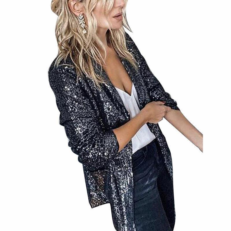 Womens Sequin Blazer Suit Glitter Open Front Thin Jacket Ladies Party Outwear