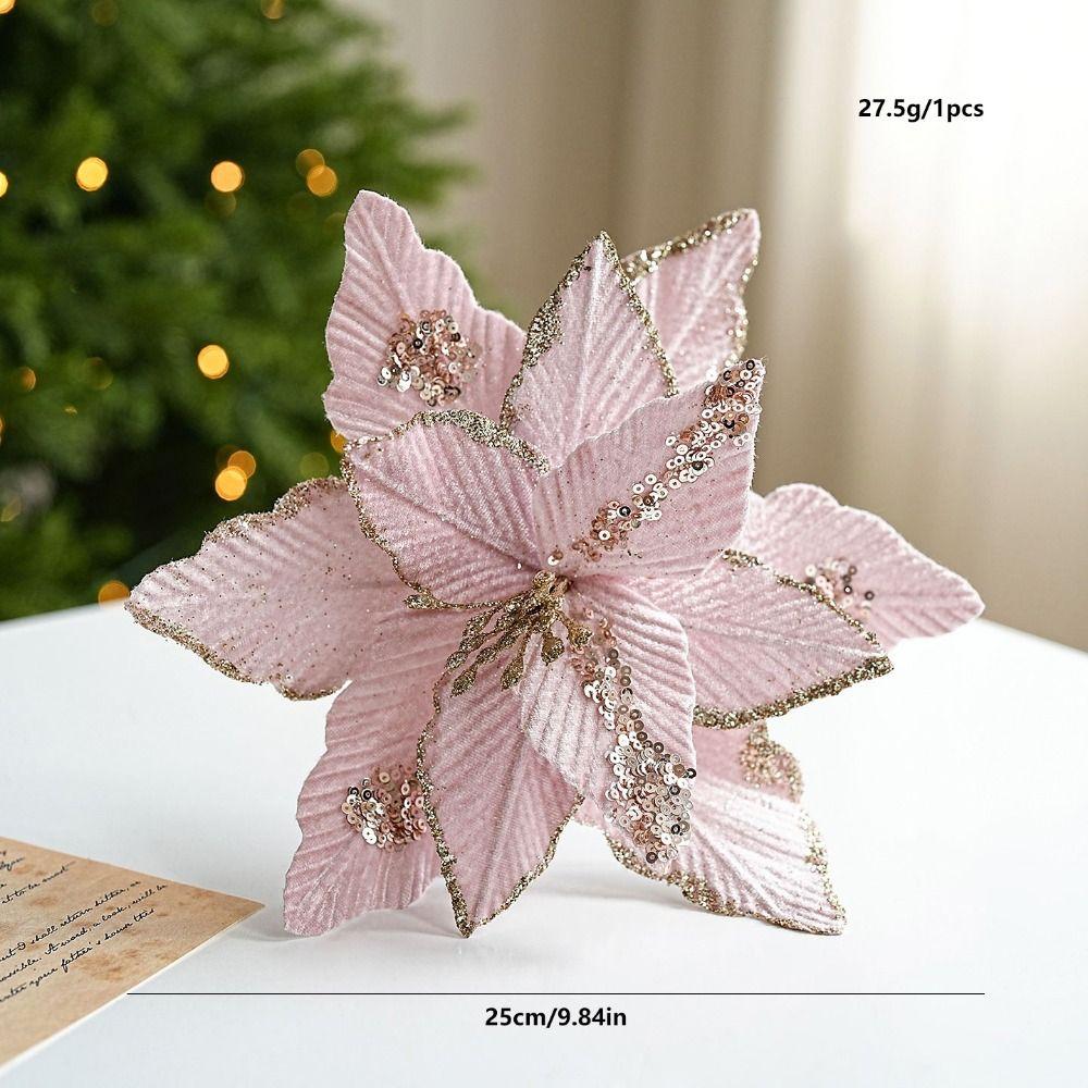 Fleece Fabric Christmas Flowers 25cm Xmas Tree Pendant Gold Glitter Flower Xmas Holiday Decor