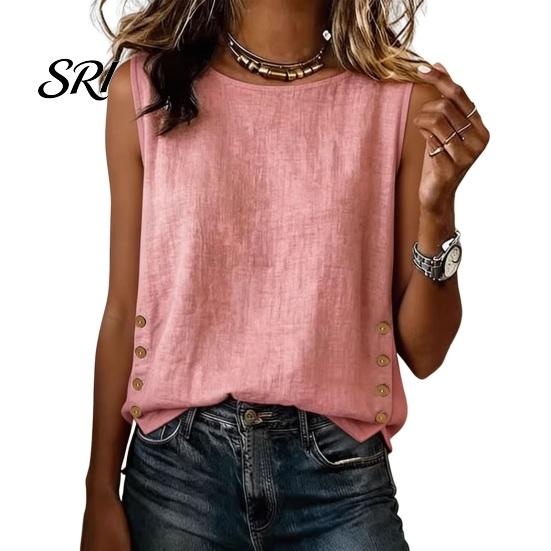 Lightweight Breathable Shirt Summer Tops for Women, Round Neck Sleeveless Pullover Tops, Pure Color Stretchy Loose Fit Regular Vest Work Party