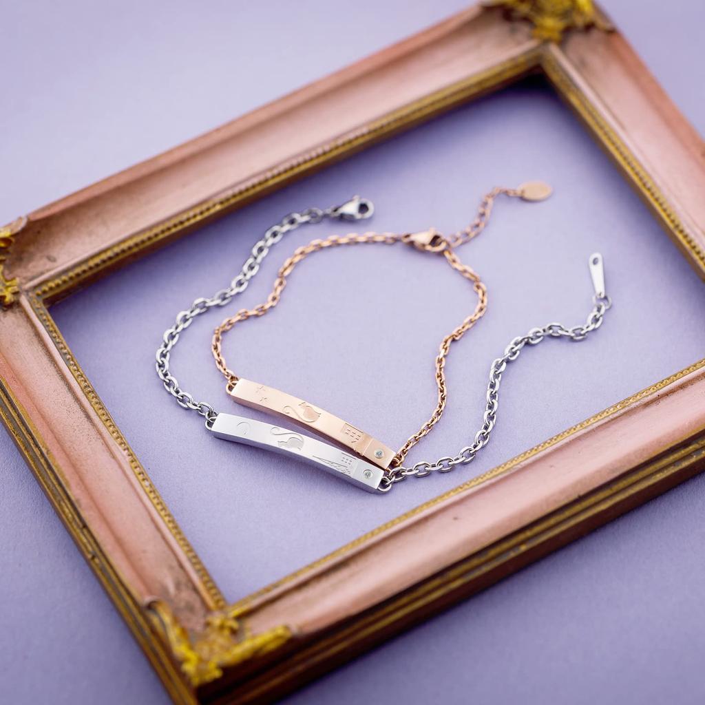 Pair Bracelet Surgical Stainless Steel Cubic Zirconia Cat Star Moon Tail Shared Heart Pink Silver 4SBR209GO 4SBR210SV [White Clover] & &