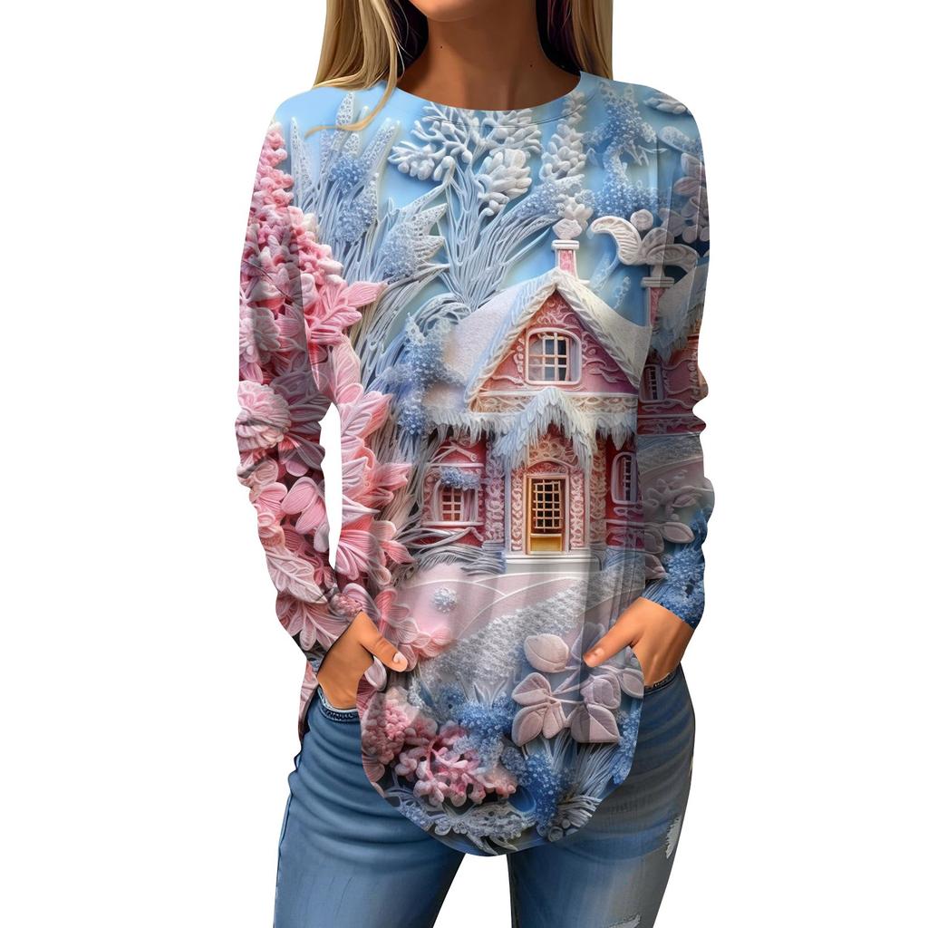 Женская свободная футболка с круглым вырезом и рождественским принтом, длинный рукав, пуловер, толстовка с длинными рукавами