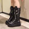 Милые Крутые Пряные Девушки Металлический Панк Стиль Ботинки на Платформе Локомотивы Женские Новые На Высоком Каблуке-Танкетке Высокие Рыцарские Ботинки