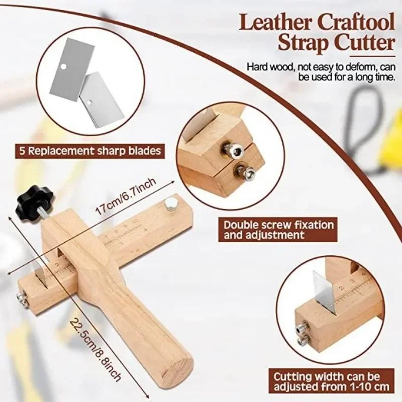 Wooden Leather Strap Cutter Adjustable Strip Belt Precise Cutting Tool with 5 Sharp Blades for Leathercraft Handmade DIY Work