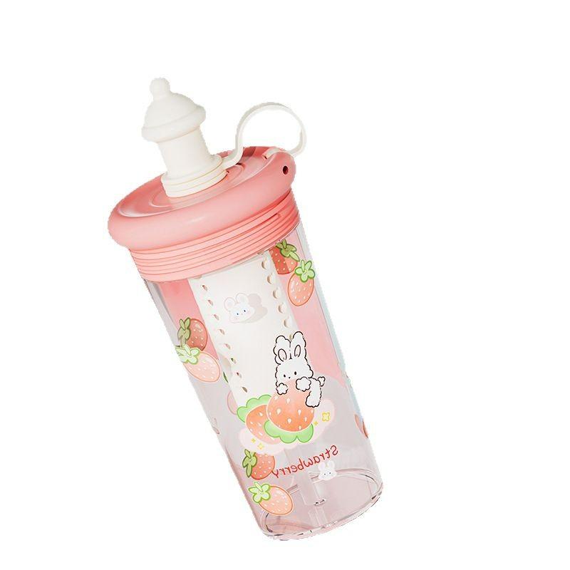 Portable Cute Tritan Water Cup with Tea Filter & Straw – Cartoon Design, Perfect for Students