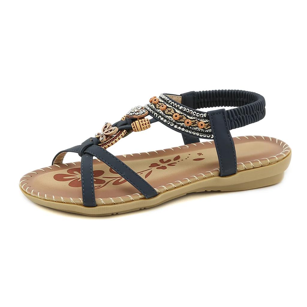 Beaded Bohemian Sandals Women Summer 2025 Slip On Comfortable Low Wedge Heels Rome Shoes Woman Non Slip Beach Sandalias Mujer 43