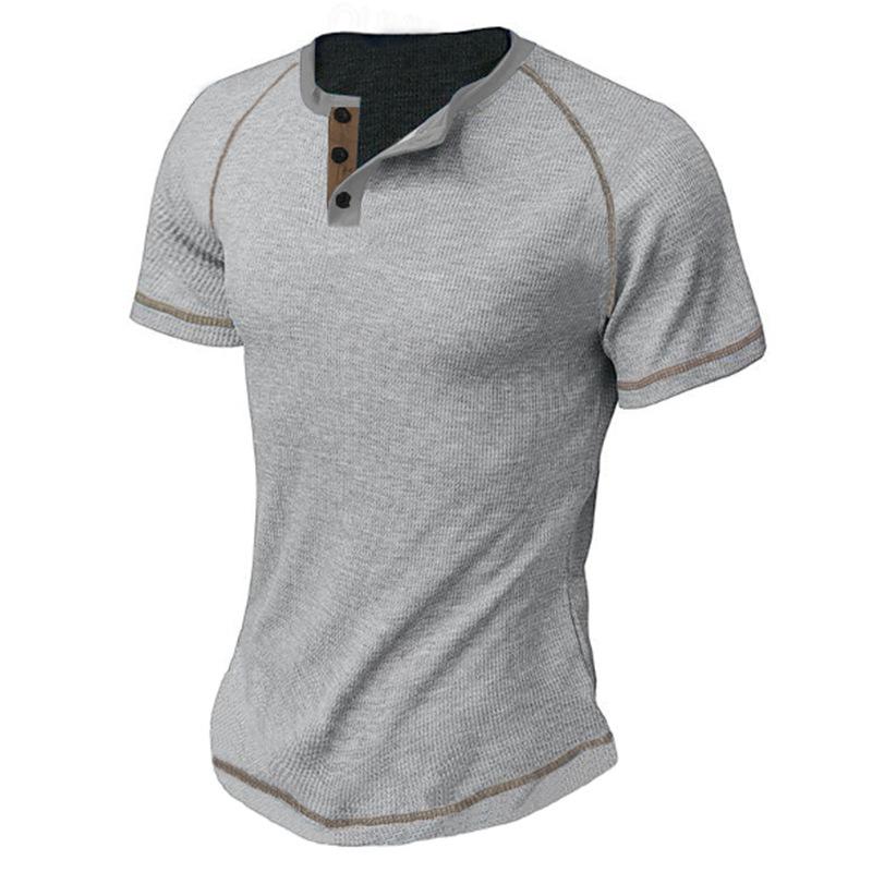 Мужская повседневная свободная летняя рубашка-henley с коротким рукавом и контрастной отстрочкой