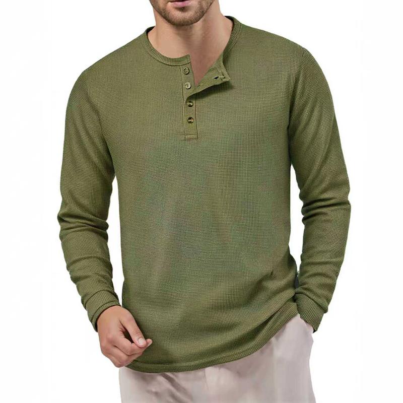 Мужская футболка-henley из вафельного трикотажа, базовая, дышащая, с длинным рукавом, весенне-осенняя, повседневная, однотонная, с пуговицами