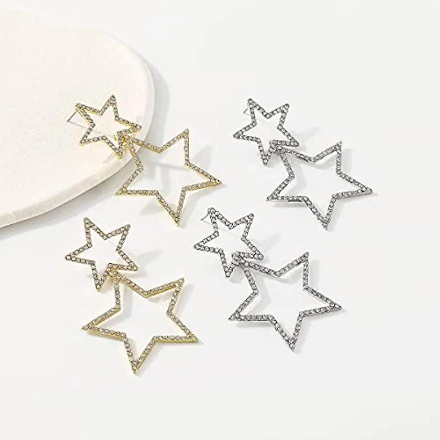 Star Earrings for Women Dangling Siver Rhinestone Big Star Earrings Dangle Gold Sparkle Star Drop Earrings Fashion Jewelry