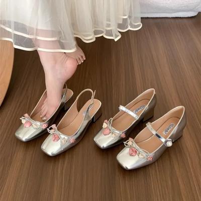 Модная женская обувь-лодочки с бантом, весна-лето, новые массивные средние каблуки, брендовые шлепанцы, модные туфли для платья, квадратный носок, толстый каблук, сандалии Мэри Джейн