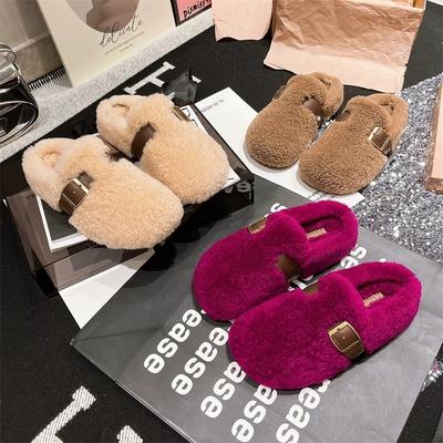Модные простые шлепанцы на плоской подошве с мехом, женские, для улицы, 2025, новые, осенне-зимние, слипоны, модные хлопковые шлепанцы, корейский стиль