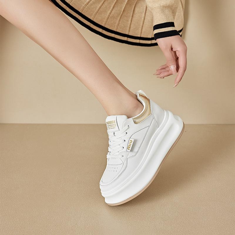 Thick-Soled Leather White Shoes Women's New Spring Versatile Single-Layer Shoes Platform Sneakers Height Increasing Insole Casual Sneakers