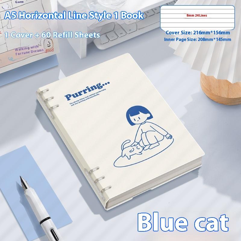 Блокнот на кольцах 60 листов/120 страниц A5/B5 Блокнот с кольцевым механизмом Щенок/Панда/Динозавр/Капибара Горизонтальная линия