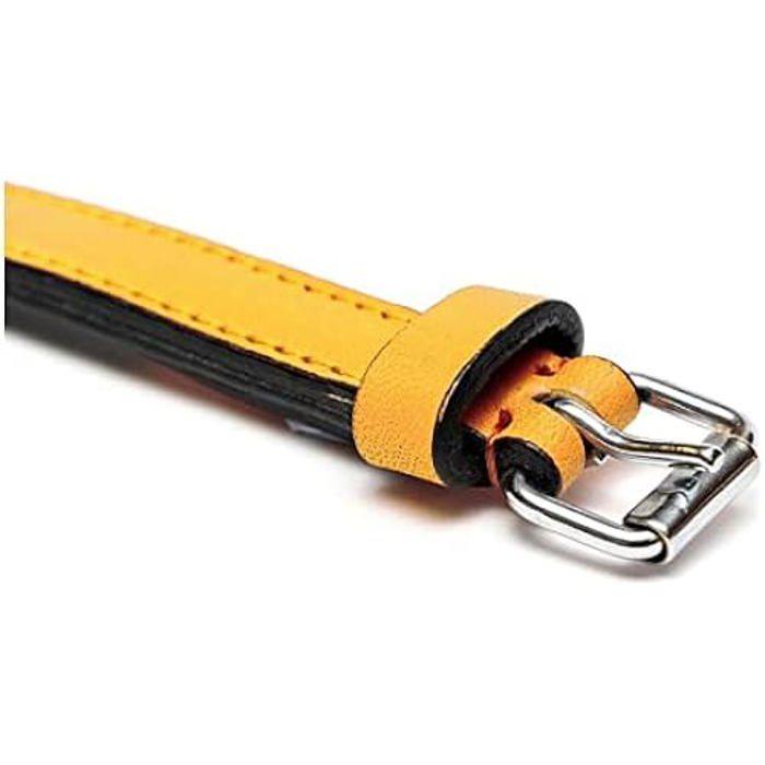 Collier en cuir rembourré - GLORIA - Modèle avec fourrure - Jaune - Taille moyenne - Boucle ajustable