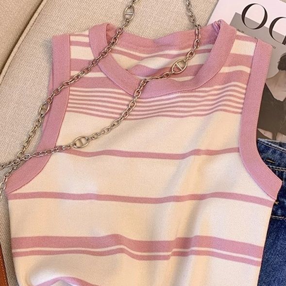 Women's Ice Silk Knit Hot Girl Camisole Summer Outer Wear Short Sleeveless T-shirt Sexy Stripe Top