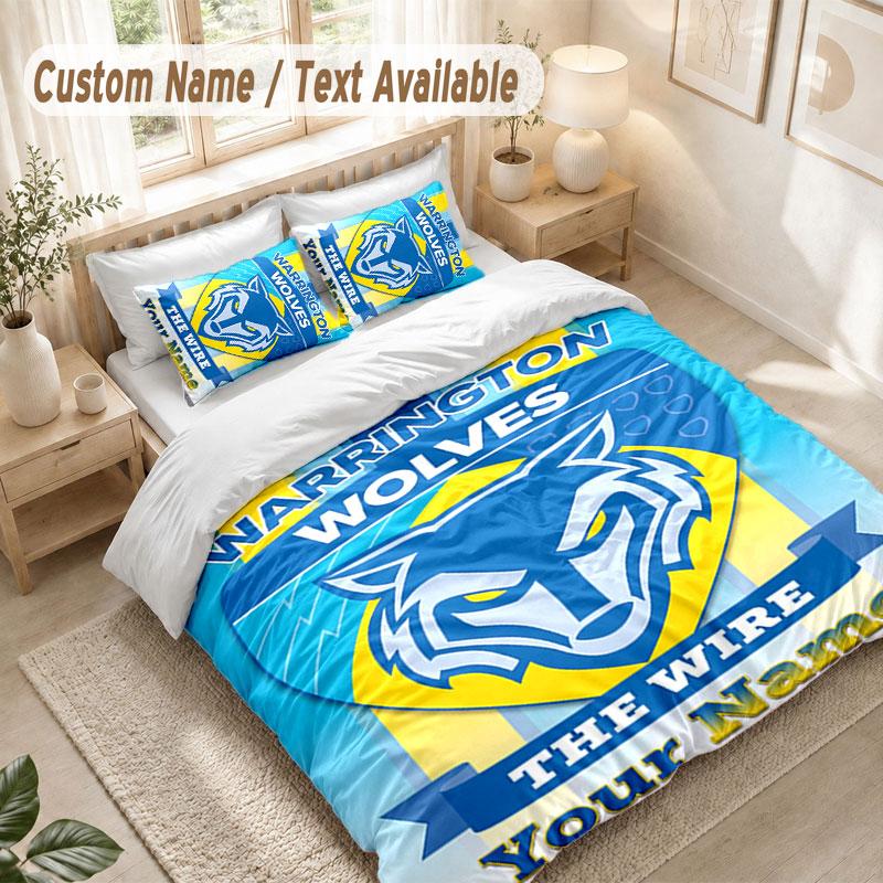 Постельное белье с индивидуальным именем, 3 предмета, принт Warrington Wolves FC, пододеяльник + 2 наволочки, мягкий декор для кровати