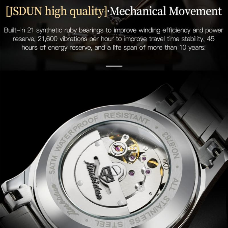 JINSHIDUN Новые деловые и развлекательные мужские часы, полностью автоматические механические часы с двойным календарем и ночной подсветкой, водонепроницаемые часы высокого класса