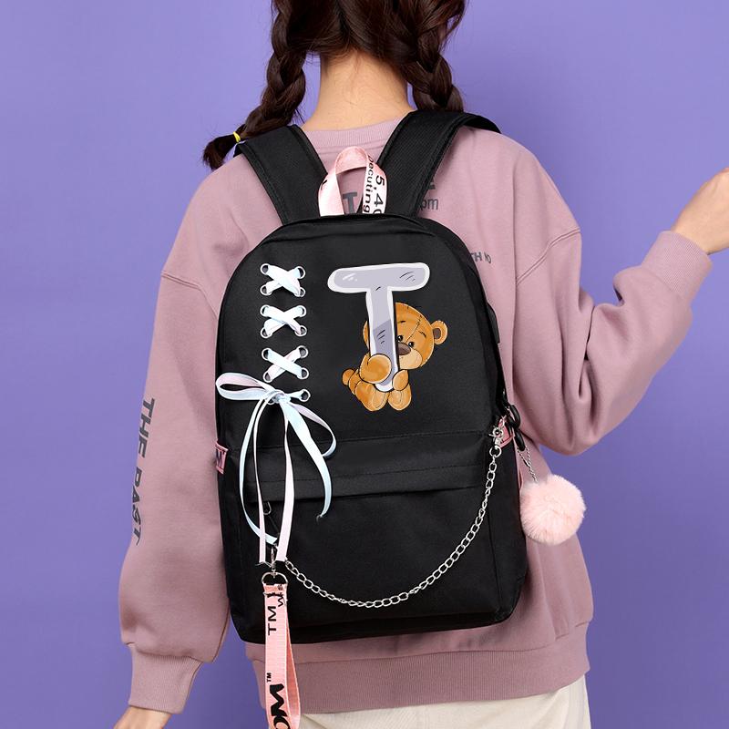 Рюкзак с принтом «Маленький медведь», 26 английских букв, детский рюкзак для школы для мальчиков и девочек, сумка для книг с героями мультфильмов, кавайная школьная сумка для школьников