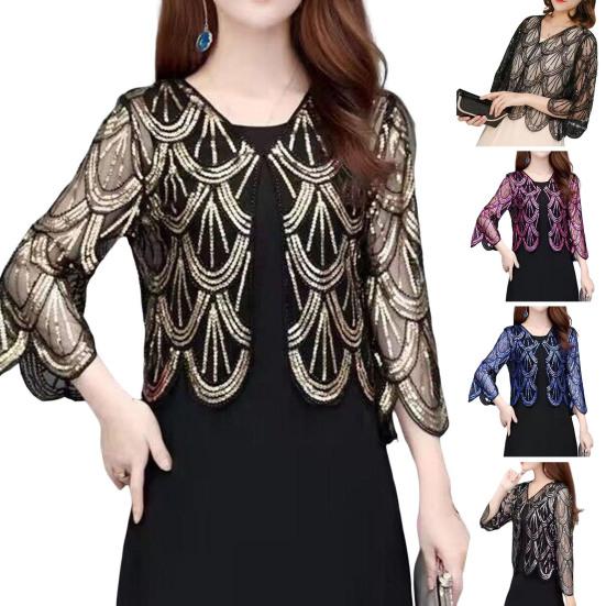 Женский кардиган с блестками, прозрачная сетка, свободные рукава с половиной рукава, симметричный тонкий V-образный вырез для выпускного, вечерние, летняя верхняя одежда, пальто