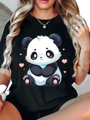 This Women's Black Short-sleeved T-shirt Features A Cute Cartoon Panda and Heart Pattern.Summer Streetwear Graphic T Shirts Y2K