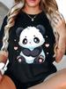 This Women's Black Short-sleeved T-shirt Features A Cute Cartoon Panda and Heart Pattern.Summer Streetwear Graphic T Shirts Y2K