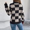 Женский повседневный свитер с высоким воротником, контрастной клеткой и длинными рукавами
