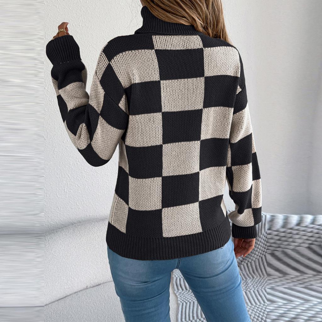 Женский повседневный свитер с высоким воротником, контрастной клеткой и длинными рукавами
