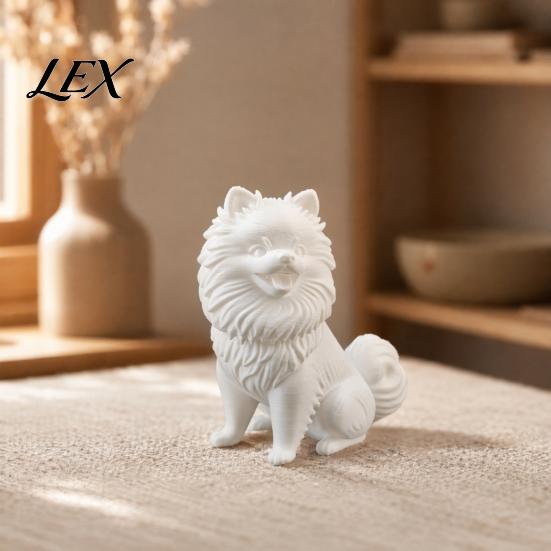 Pomeranian Ornament 3D Printed Cute Dog Figurine, White Twisting Head Puppy Statue, Small Adorable Decoration Desktop for Home Office Desk Decor,