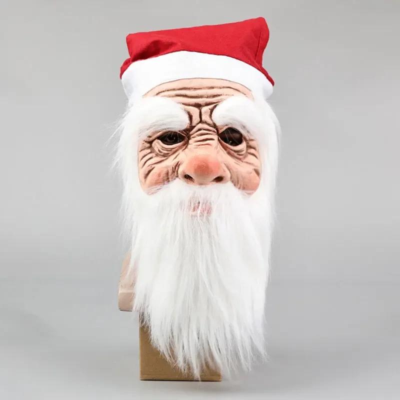 Christmas Santa Latex Mask with Red Santa Hat White Beard Santa Claus Costume Props Masquerade Party Fancy Dress Carnaval Mask