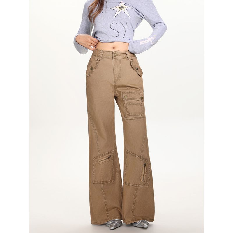Straight-Leg Flared Pants for Women, Autumn and Winter Black Patchwork Slimming Cargo Pants, High-Waisted Slightly Flared Pants for Trendy Girls