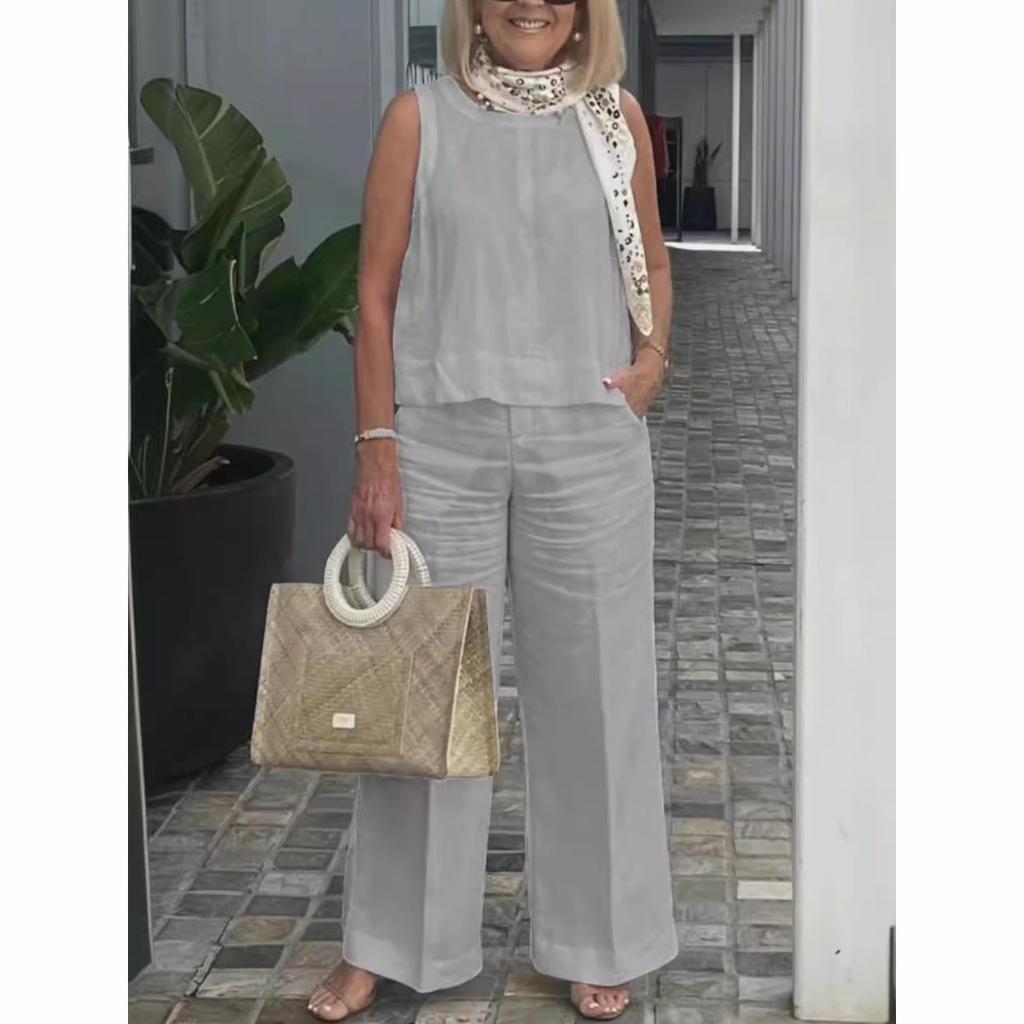 Women's Suits Summer Fashion Sleeveless Loose Blouse Wide Leg Pants Two Piece Sets for Women Casual Outfits