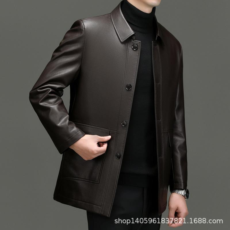 Новые осенние и зимние куртки из натуральной кожи Мужские кожаные куртки средней длины с лацканами для людей среднего и пожилого возраста Куртки для пап