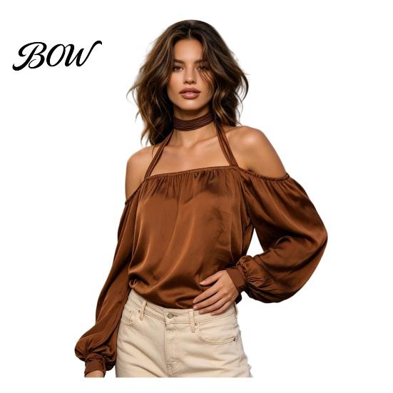 Breathable Women Shirts Summer Off-Shoulder Shirt, Long Sleeve Casual Halter Top, Shirt Solid Color Loose Satin Blouse for Daily Office