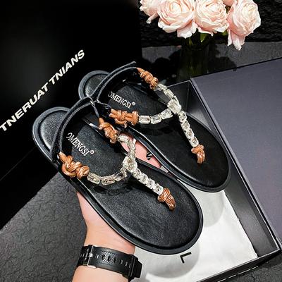 2024 Новые туфли для женщин, сандалии, летние, для девушек, красивые тапочки со стразами, повседневная пляжная обувь на плоской подошве