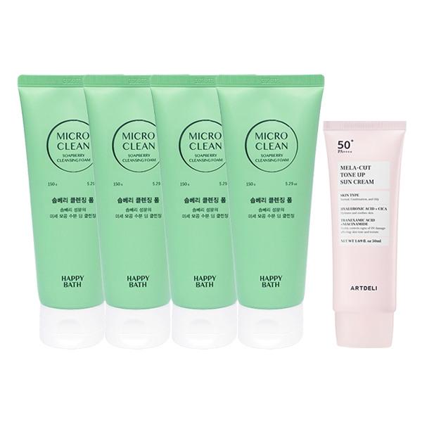 HAPPY BATH Micro Clean Soapberry Cleansing Foam 150g x4 + ARTDELI Melacut Sunscreen 50ml