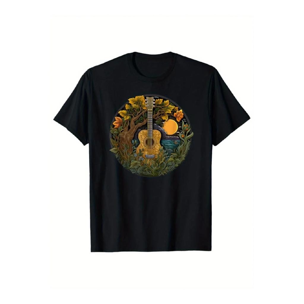 Acoustic Guitar Nature Scene Graphic Tee Black T-Shirt Breathable Casual for Men Women