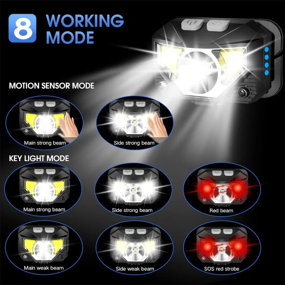 Яркий светодиодный налобный фонарь, перезаряжаемый налобный фонарь с красным светом, водонепроницаемый налобный фонарь с датчиком движения, для кемпинга, ходовые огни