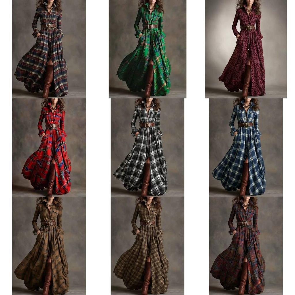 Vintage Plaid Long Sleeve Dress With Pockets For Autumn Fashion Enthusiasts