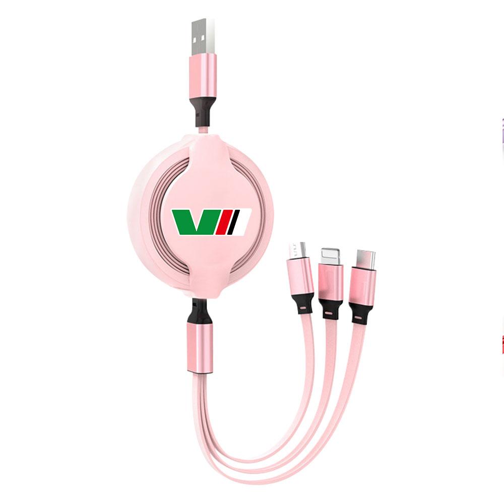 BATB7 Retractable USB Cable Phone Fast Charger 3-in-1 Multi-head Charging Cable For Skoda Rapid Scala Kodiaq Fabia Karoq Octavia 3 VII