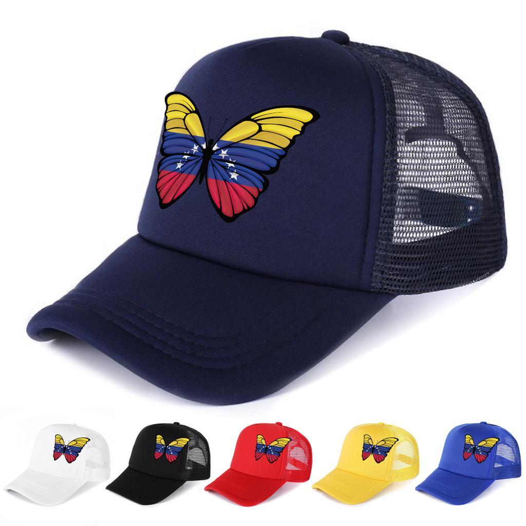 Venezuela Flag Butterfly Printed Trucker Hat Adjustable Non Stretch Multicolor Slouchy Cap for Street Style Golf Hiking