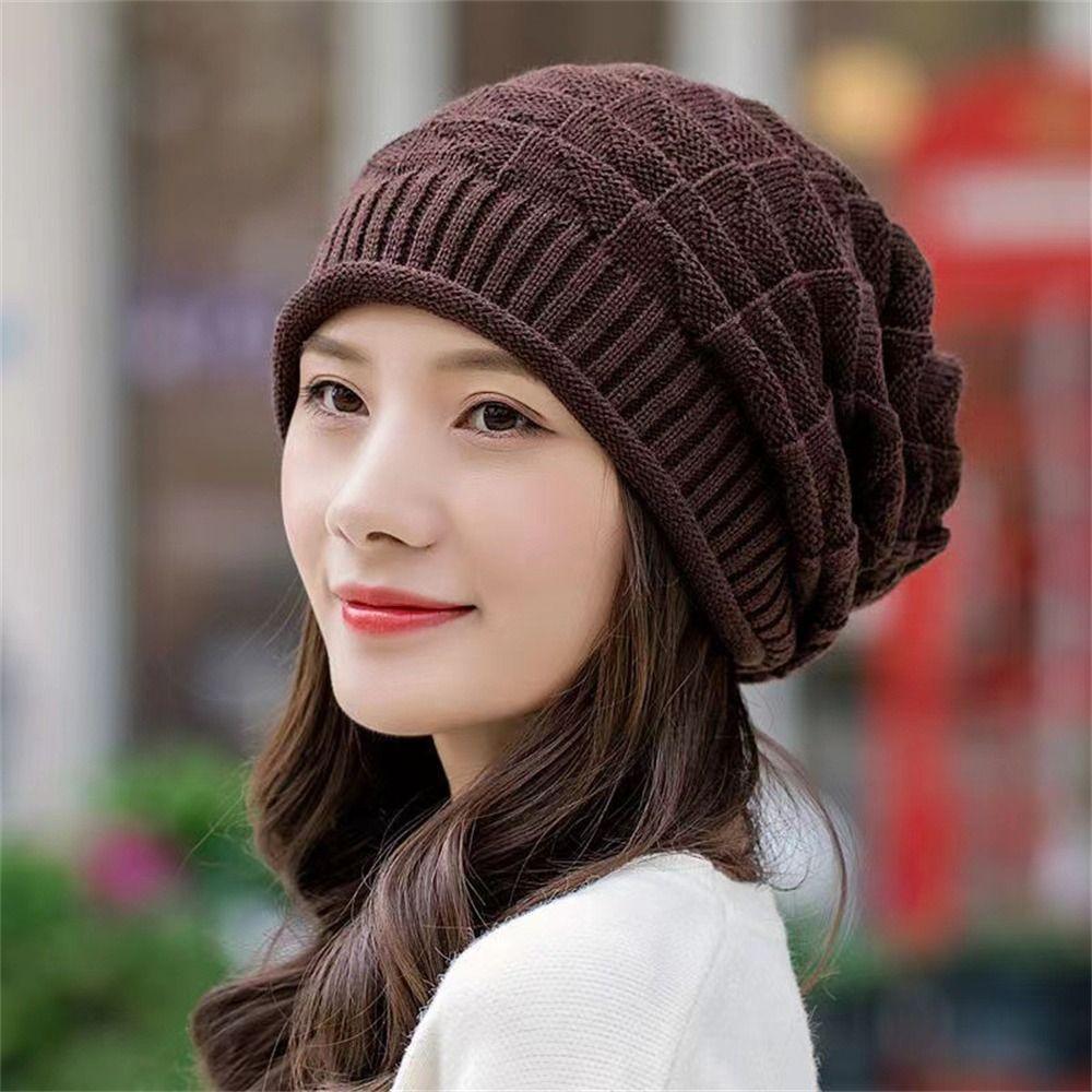 Solid Color Knitted Hat Oversized Skullcap Casual Beanie Hats Women Men
