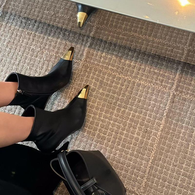 New Metal Small Square Toe Stiletto Heel Heel Short Shoes Are Versatile and Comfortable for Women with Side Zipper Booties
