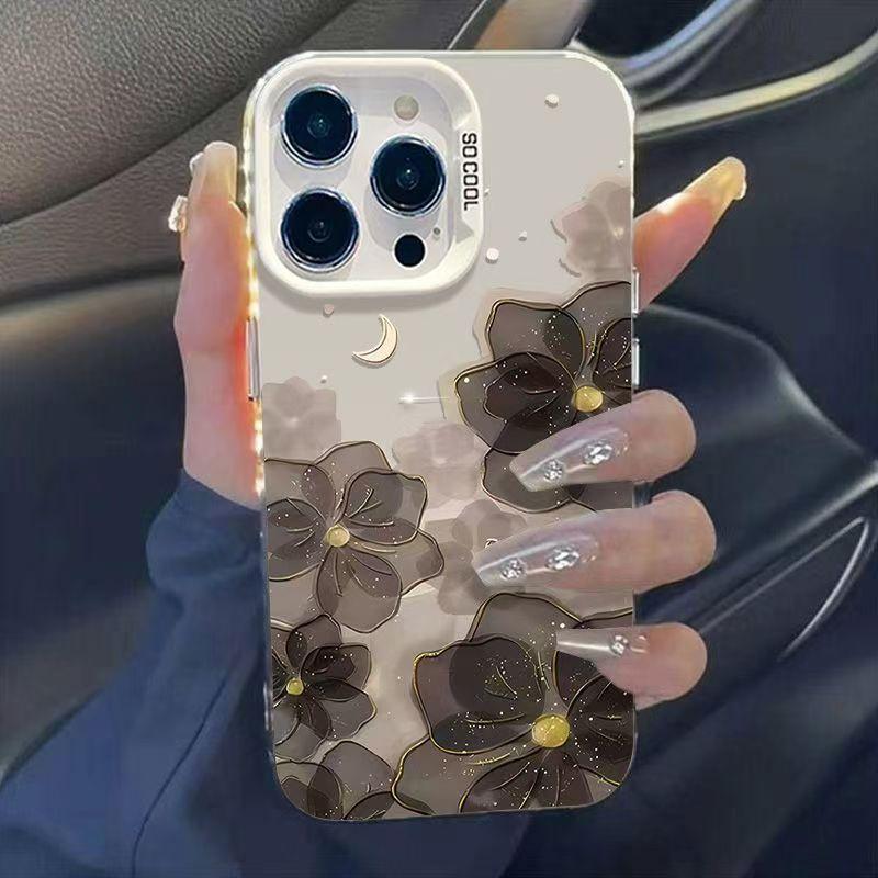 Black Gold Edged Flower Colorful Silver Shell Suitable for Apple 16 15 14pro Mobile Phone Case 15promax13 12 11X
