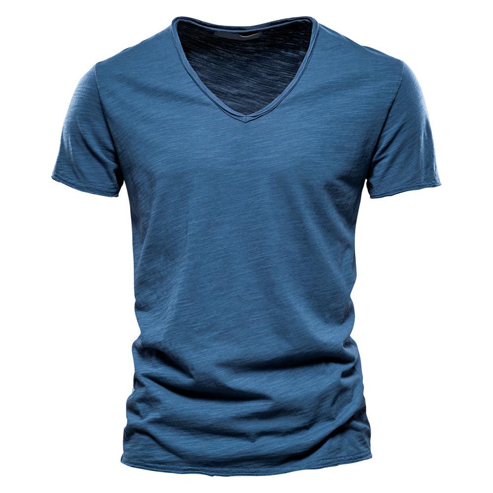 Men's New Solid Color V-neck Short Sleeved T-shirt Made of Pure Cotton