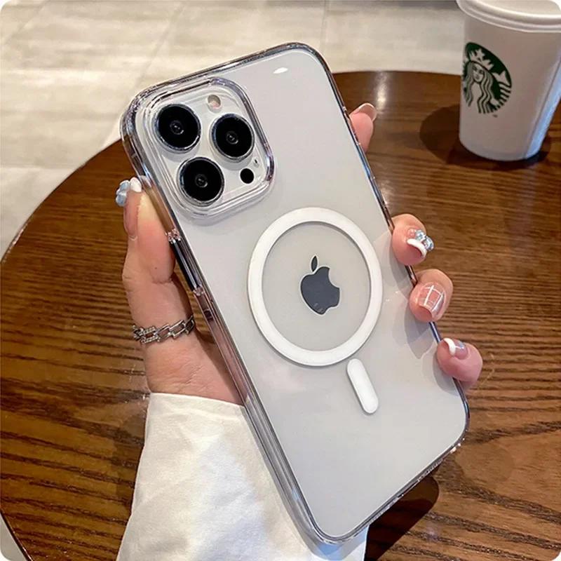 Для Magsafe Магнитный Чехол для Беспроводной Зарядки для iPhone 17 Air 16 15 14 13 12 11 16 Pro Max Mini Plus Жесткий Акриловый Прозрачный Чехол