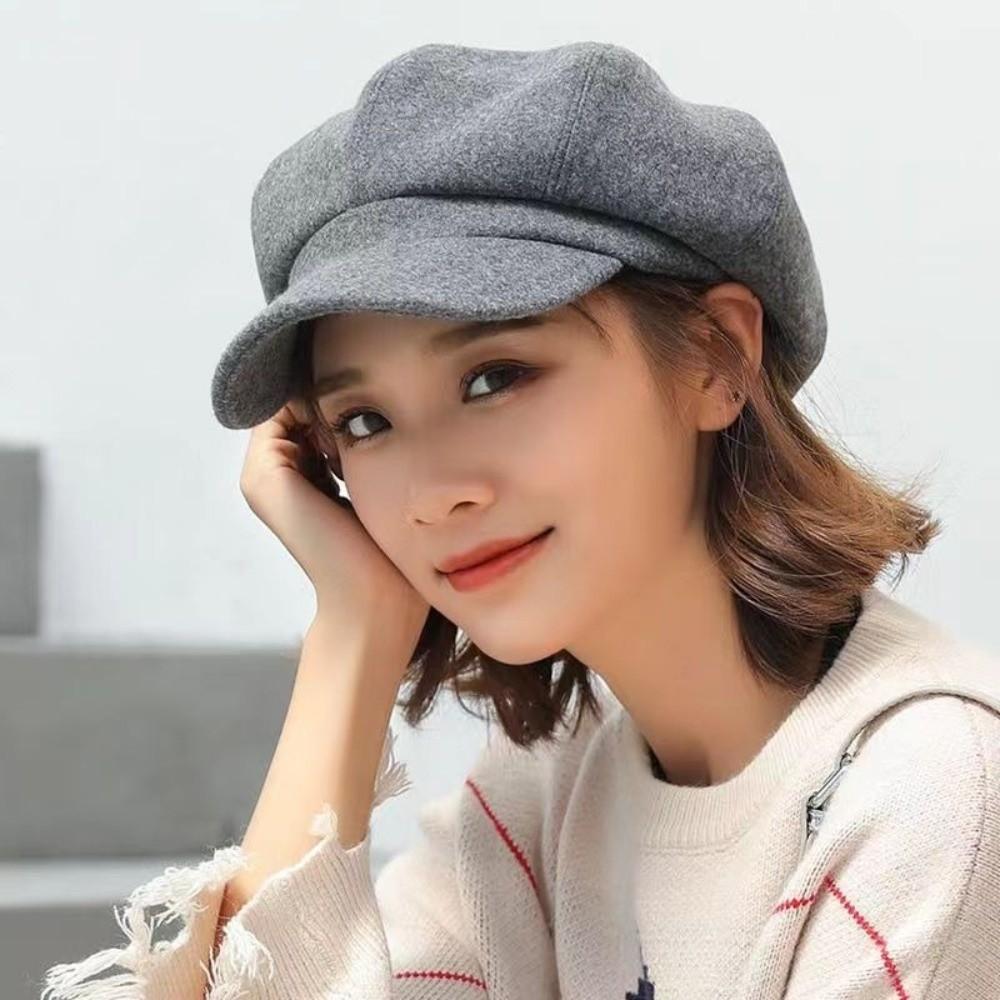 Однотонный британский берет с защитой ушей, шляпа художника, элегантная шерстяная восьмиугольная шляпа, для девушки
