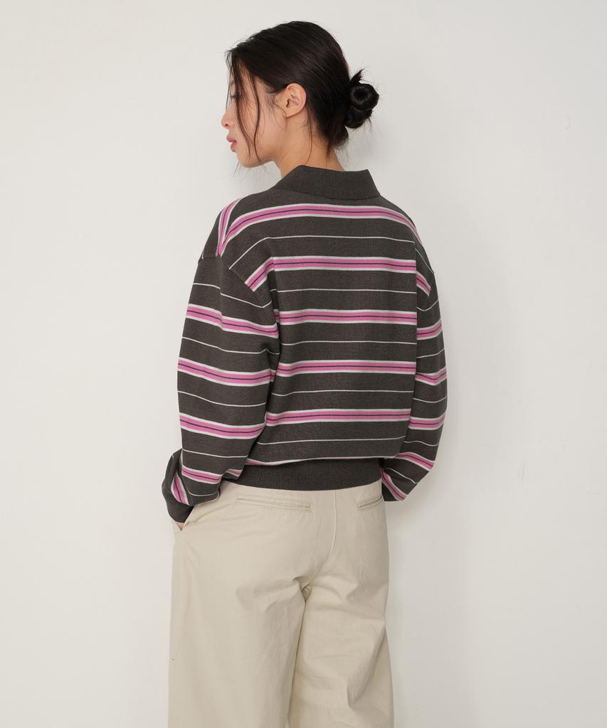MUSINSA STANDARD WOMAN Multi-Stripe Collared Knit [Pink]