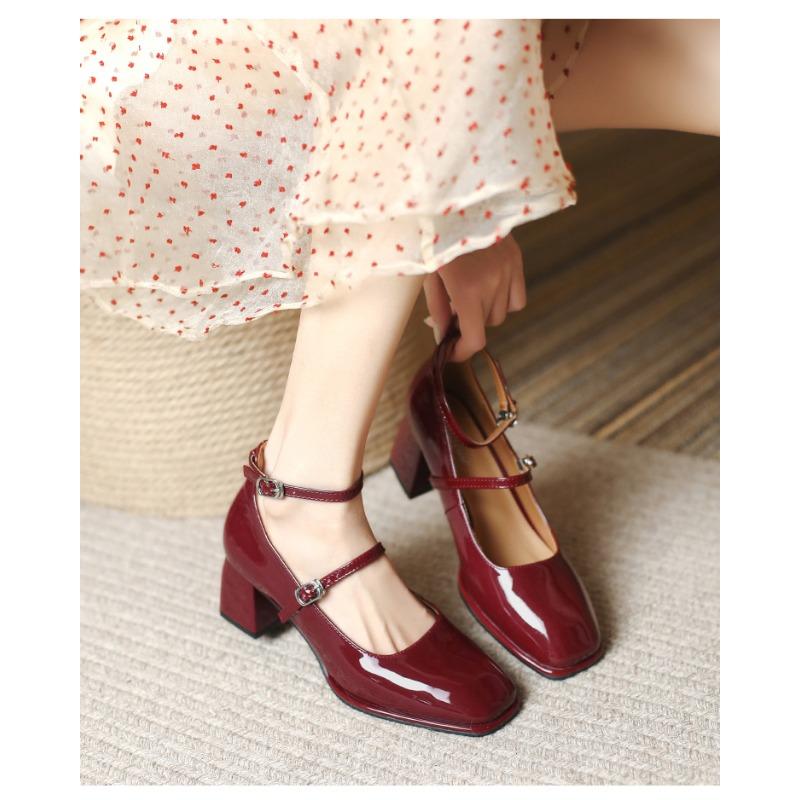Новинка 2024 года, женская обувь Мэри Джейн, кожаная обувь высокого качества для женщин, женские туфли сандалии с квадратным носком и ремешком с пряжкой